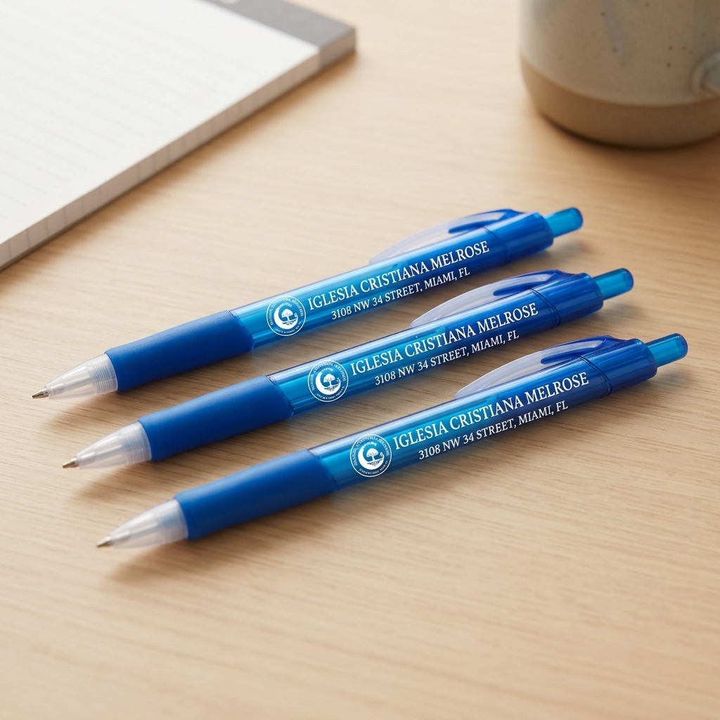 Branded blue pens for Iglesia Cristiana Melrose
